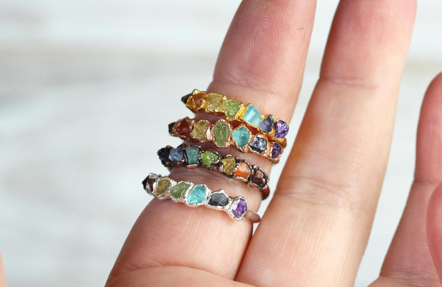 Rainbow Ring - Chakra - Yoga Jewelry - Raw Stone Chakra Ring