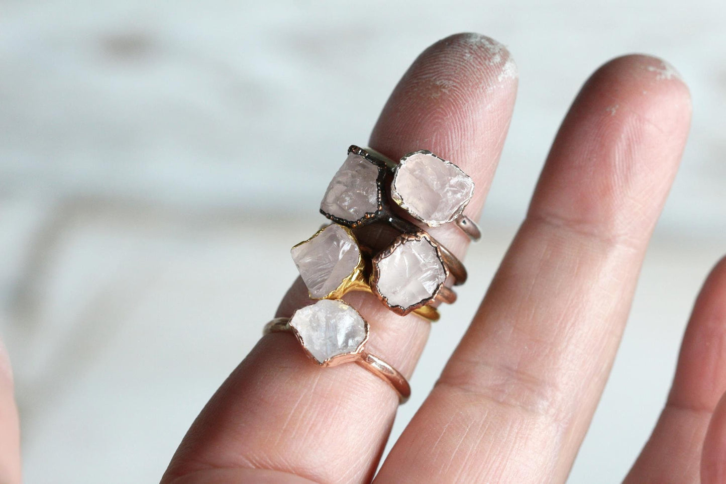 Rose Quartz Ring  - Raw Pink Crystal Ring - Electroformed Copper