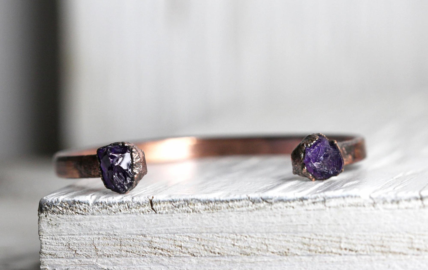 Raw Amethyst Bracelet - February Birthstone - Open Copper Cuff - Raw Crystal Bracelet - Double Stone Bracelet