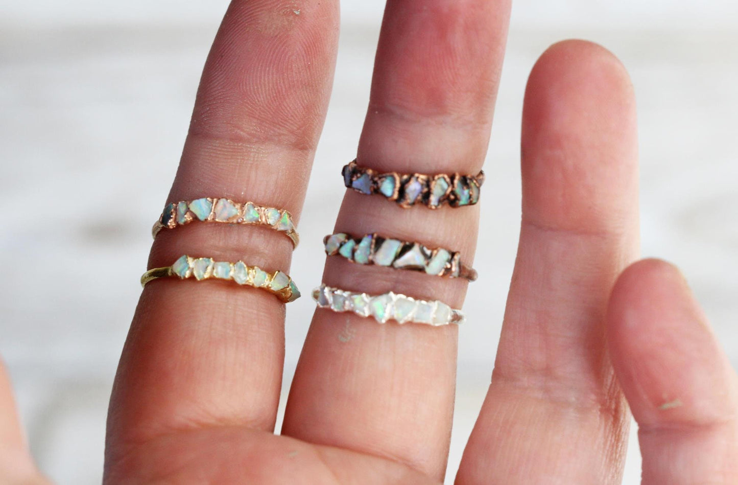 Australian Opal Ring - Multi Stone Ring - Raw Stone Stacking Ring - Yellow Gold