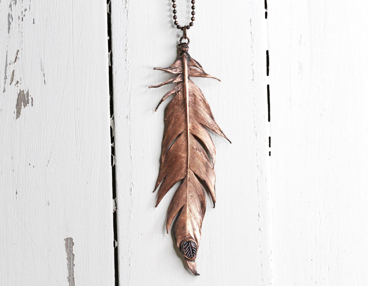 Feather Necklace - Garnet Pendant - Real Copper Feather Pendant - Electroformed Feather