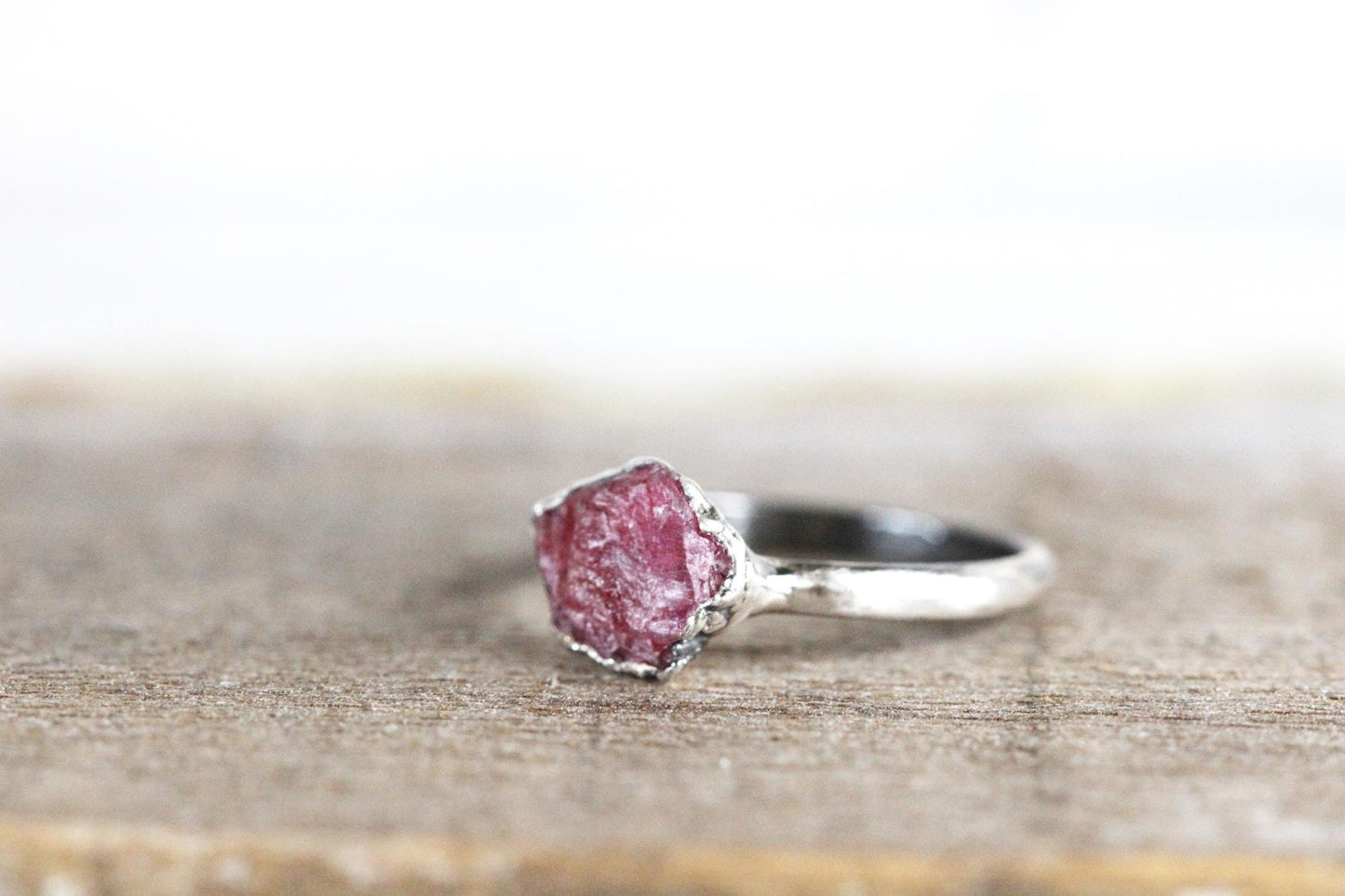 Rhodonite Ring - Raw Pink Crystal - Solitaire Ring - Electroformed Jewelry
