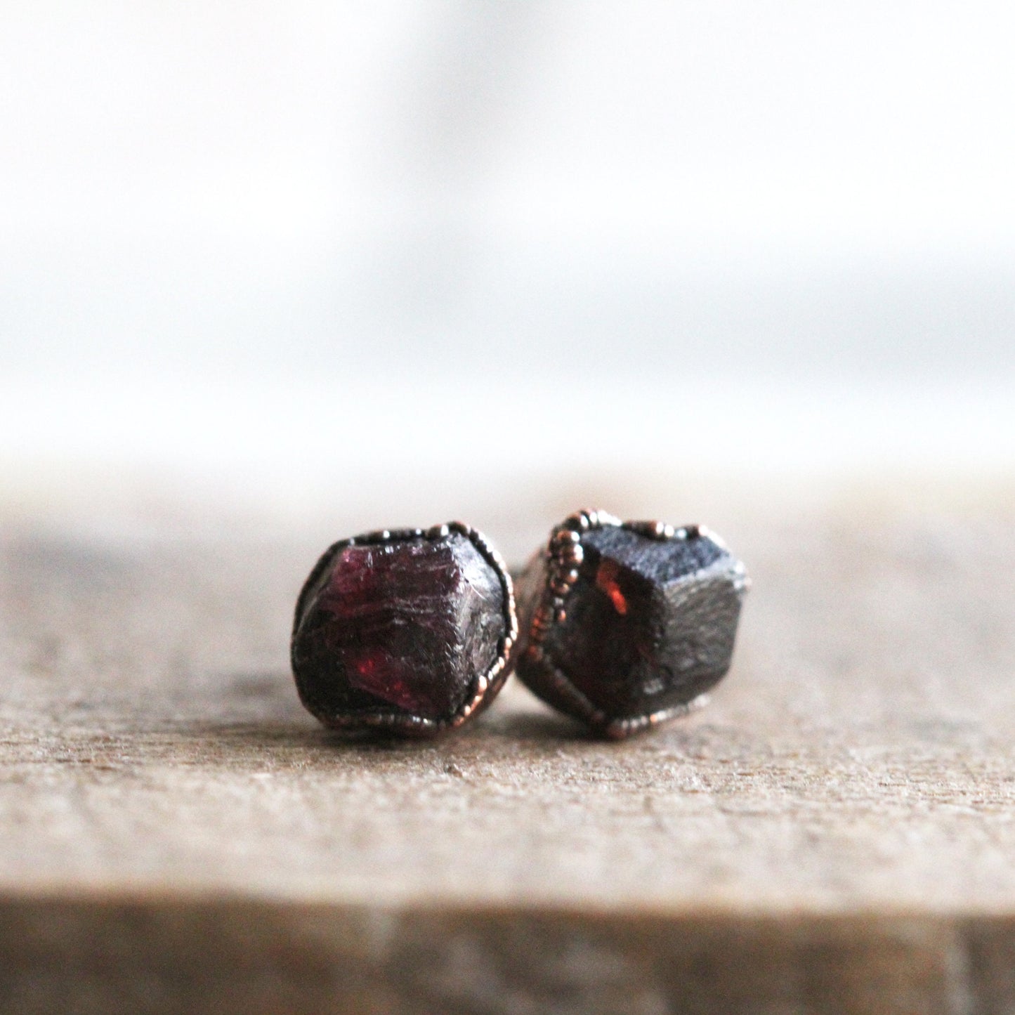 Raw Garnet Earrings - Raw Stone Posts - Sterling Silver Stud Earrings - January Birthstone