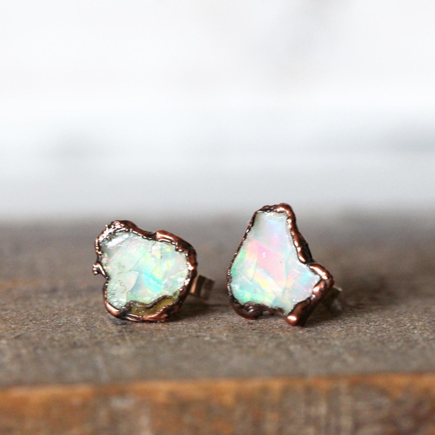 Opal Earrings - Raw Stone Studs - Rough Ethiopian Opal
