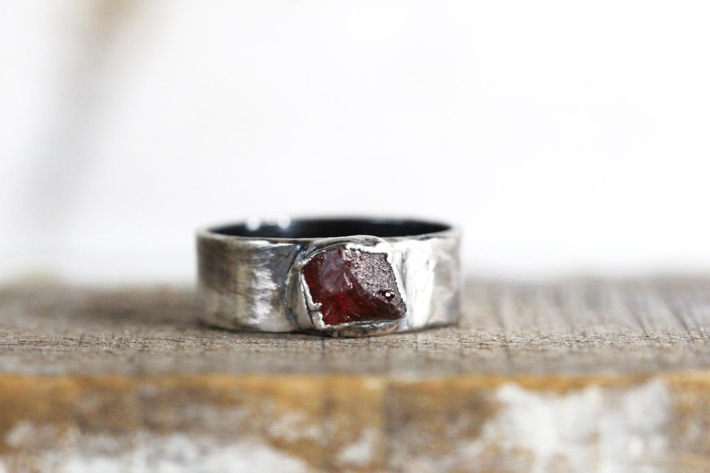 Raw Garnet Ring - Men's Jewelry - Wide Band Garnet Ring - January Birthstone
