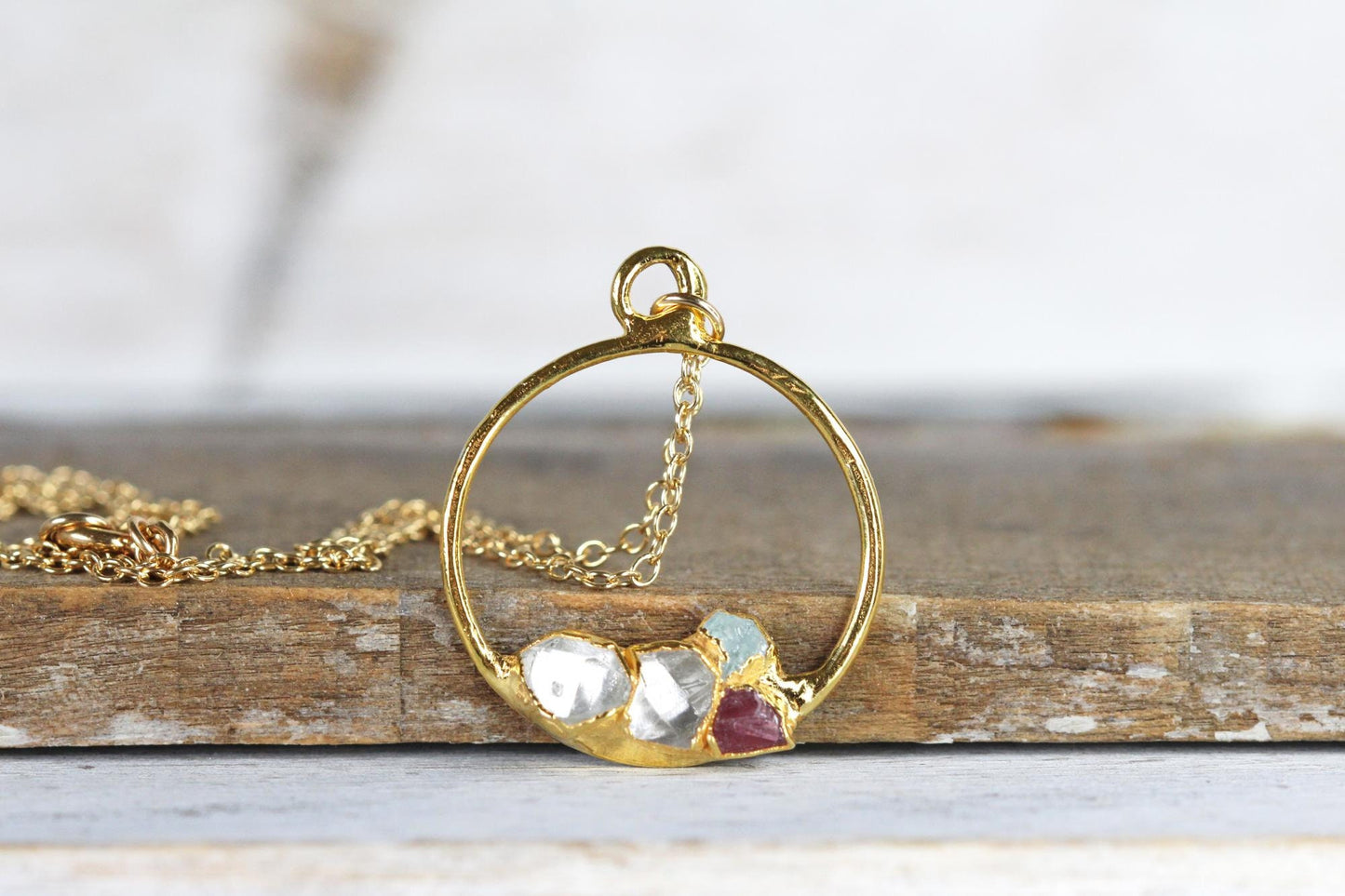 Personalized Mothers Day Necklace - Circle Necklace - Raw Stone Cluster Pendant - Birthstone Necklace
