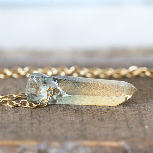 Aura Crystal Pendant - Gold Filled Chain - Hybrid Quartz Crystal - Green Aura - Yellow Aura Necklace