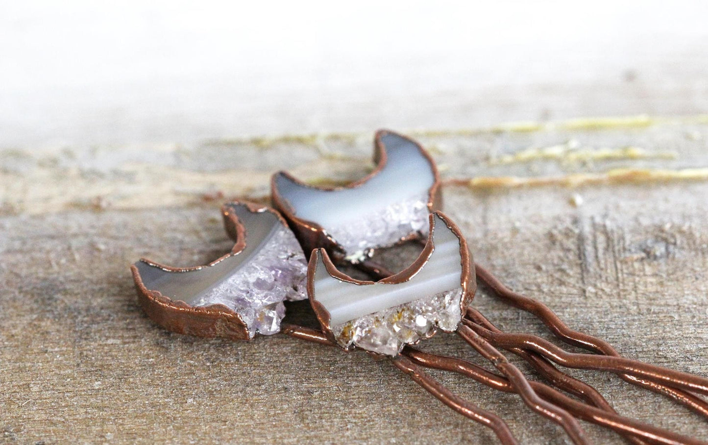 Amethyst Hair Pin - Small Hair Pin - Moon Hair Comb - Druzy Amethyst Slice