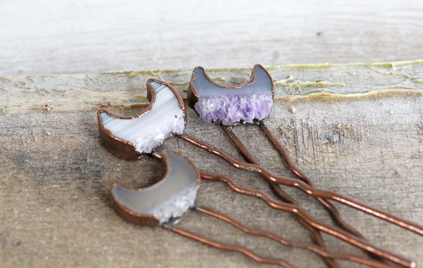 Amethyst Hair Pin - Small Hair Pin - Moon Hair Comb - Druzy Amethyst Slice