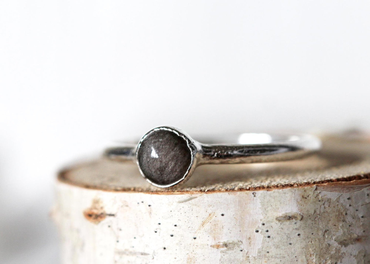 Silver Obsidian Ring - Simple Stone Stacker - Electroformed Jewelry