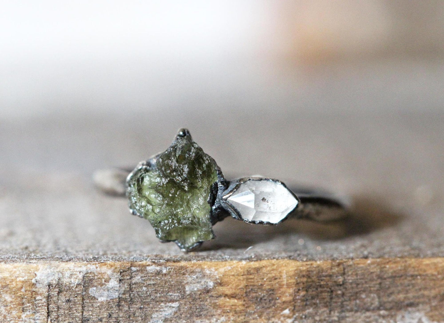 Moldavite Ring - Herkimer Diamond - Natural Green Crystal - Tektite Jewelry