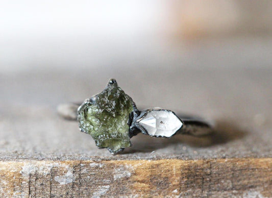 Moldavite Ring - Herkimer Diamond - Natural Green Crystal - Tektite Jewelry