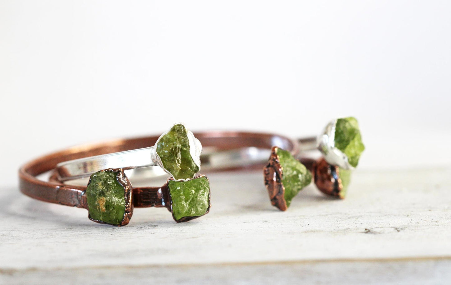 Raw Peridot Bracelet - August Birthstone - Open Copper Cuff - Raw Crystal Bracelet - Double Stone Bracelet