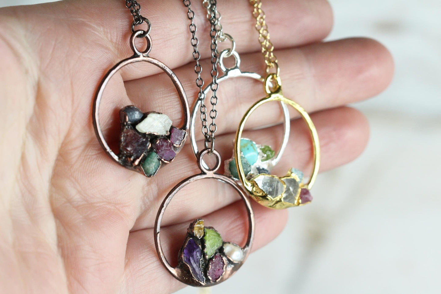 Personalized Mothers Day Necklace - Circle Necklace - Raw Stone Cluster Pendant - Birthstone Necklace