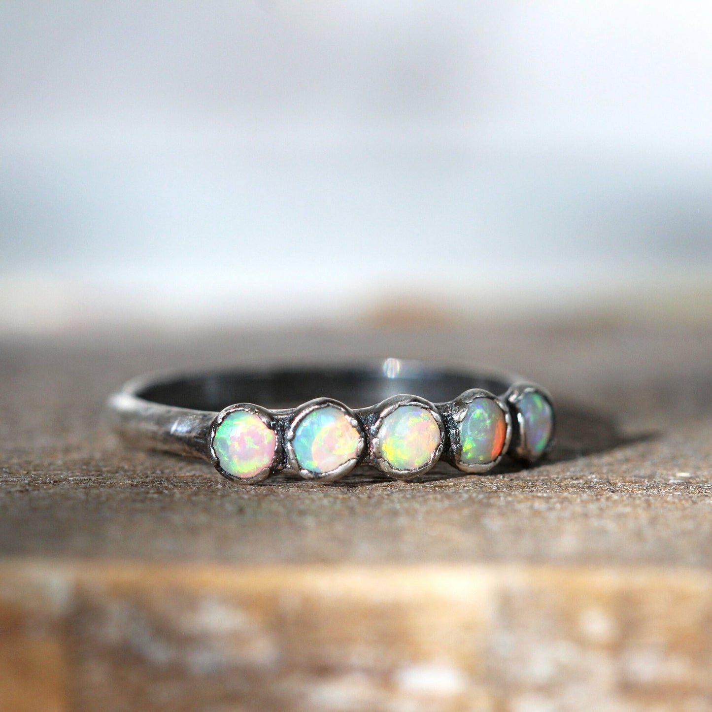 Australian Opal Ring - Multi Stone Stacking Ring - October Birthstone