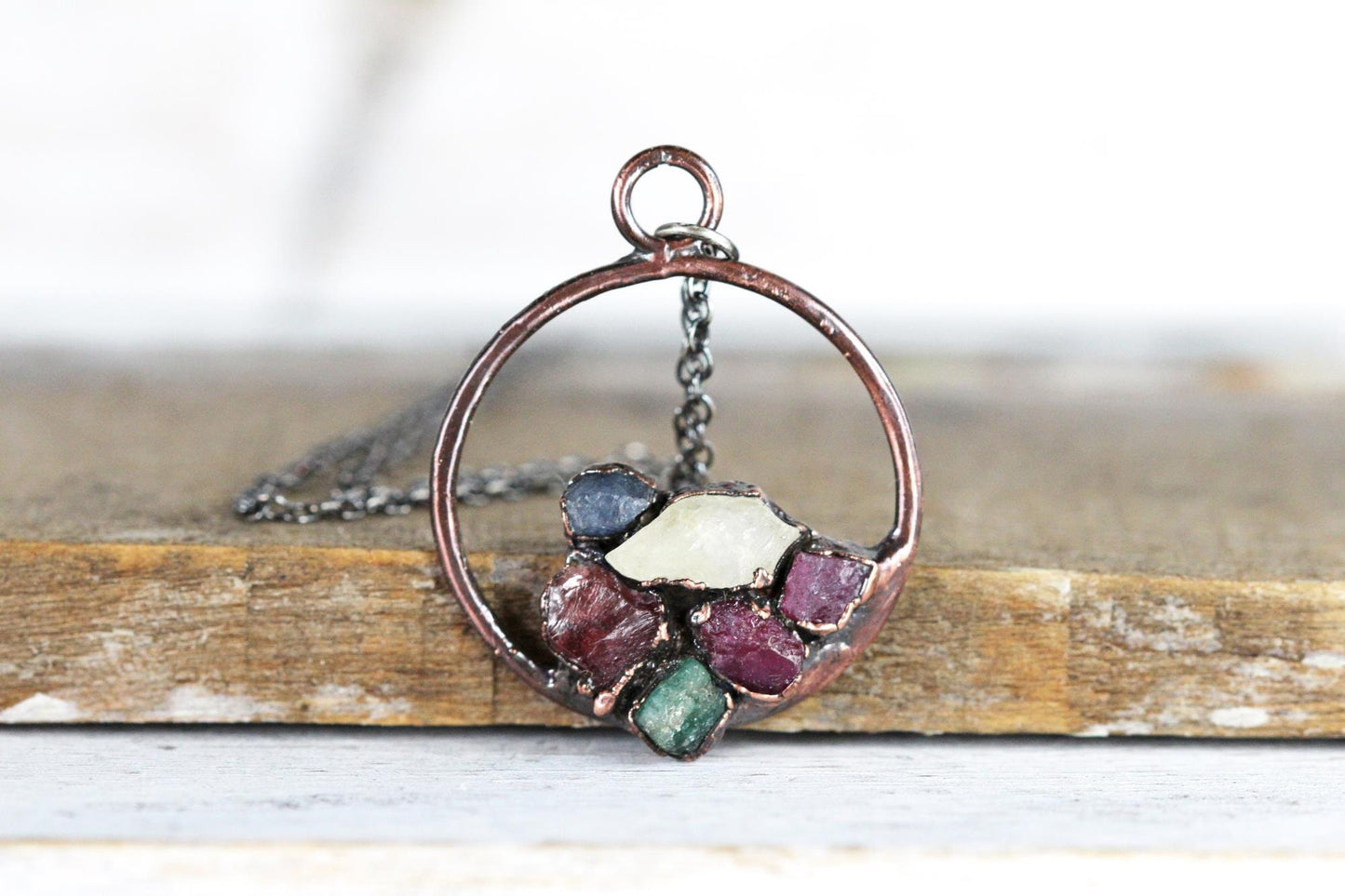 Personalized Mothers Day Necklace - Circle Necklace - Raw Stone Cluster Pendant - Birthstone Necklace