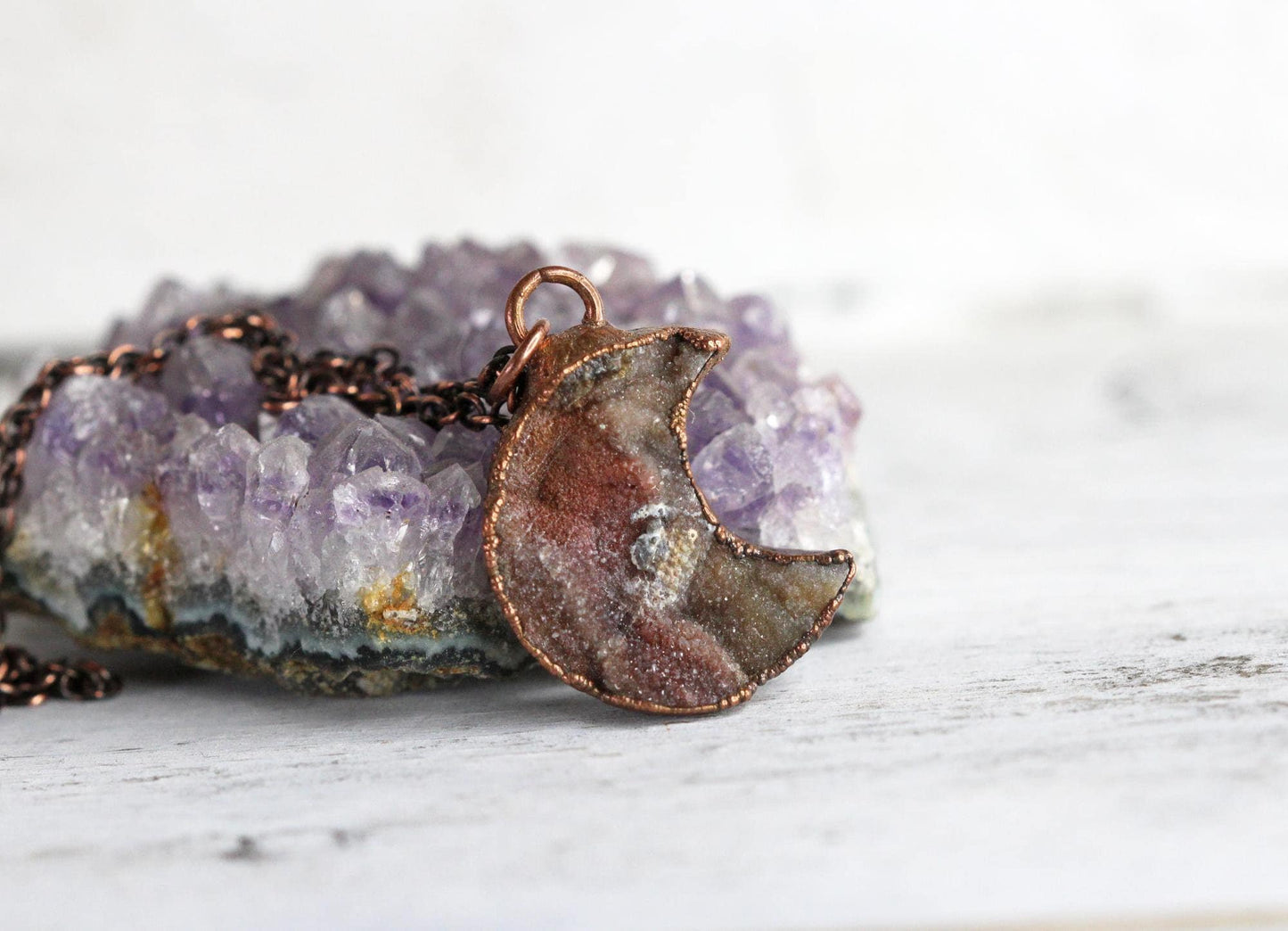 Crescent Moon Necklace - Raw Crystal Pendant - Half Moon Necklace - Druzy Crystal - Crescent Moon Jewelry