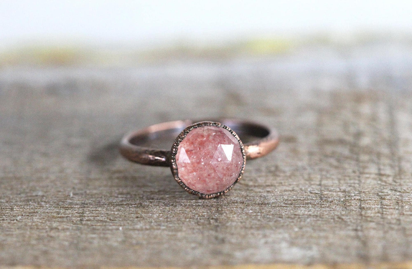 Strawberry Quartz Ring - Round Faceted Crystal - Gold Plated Jewelry