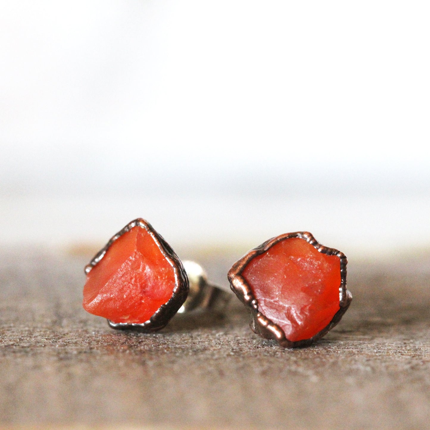 Carnelian Earrings - Sterling Silver Earrings - Rough Stone Studs - Crystal Earrings