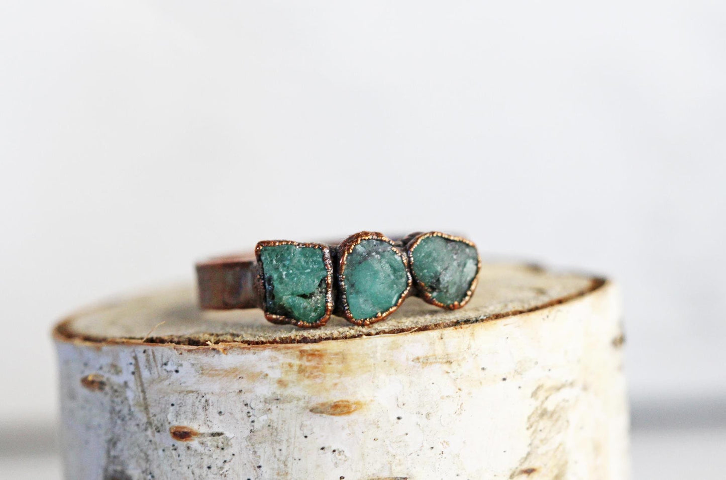 Raw Emerald Ring - Triple Stone Ring - Unisex Jewelry