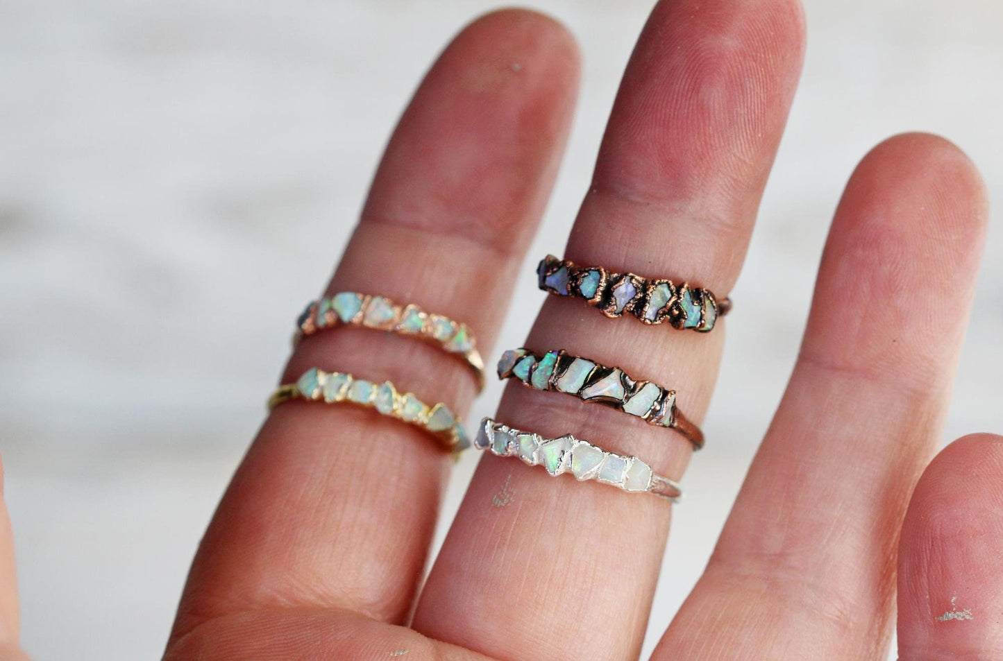 Australian Opal Ring - Multi Stone Ring - Raw Stone Stacking Ring - Yellow Gold