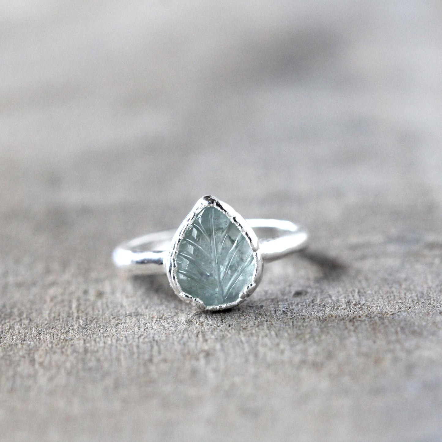 Aquamarine Leaf Ring - Carved Crystal - March Birthstone Jewelry