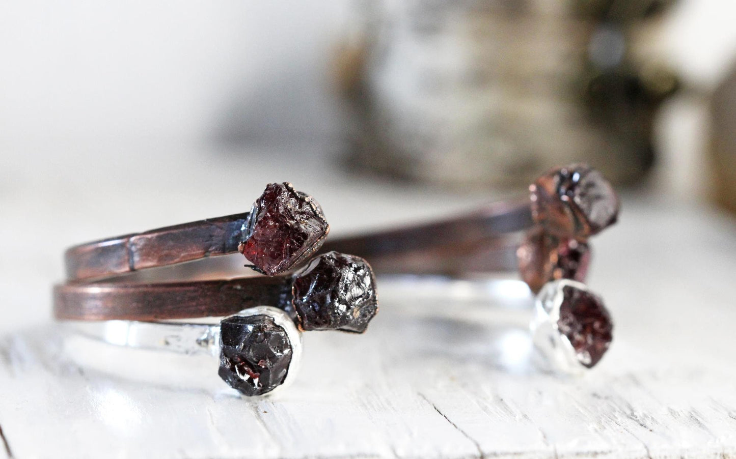 Raw Garnet Bracelet - January Birthstone - Open Copper Cuff - Raw Crystal Bracelet - Double Stone Bracelet