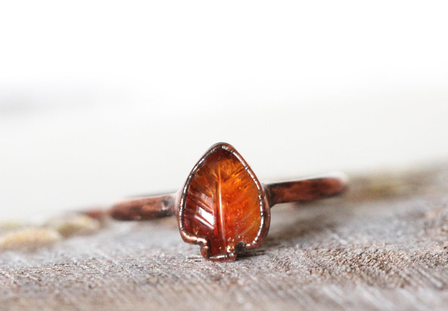 Citrine Leaf Ring - Carved Stone - Crystal Ring - November Birthstone Jewelry
