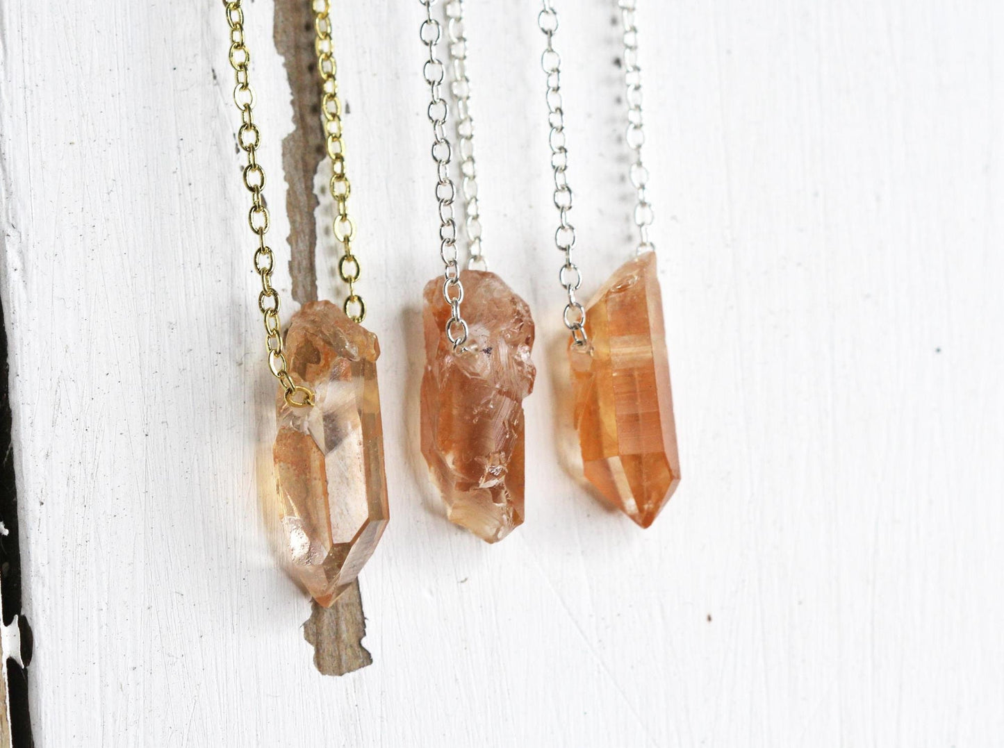 Tangerine Quartz Necklace - Raw Crystal Pendant - Beaded Stone