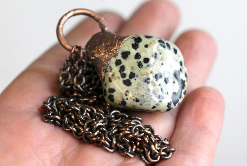 Dalmatian Jasper Necklace - Large Stone Pendant - Electroformed Copper Jewelry - Natural Gemstone