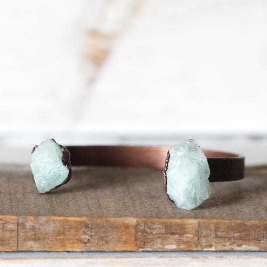 Raw Aquamarine Bracelet - Open Copper Cuff - Crystal Bracelet
