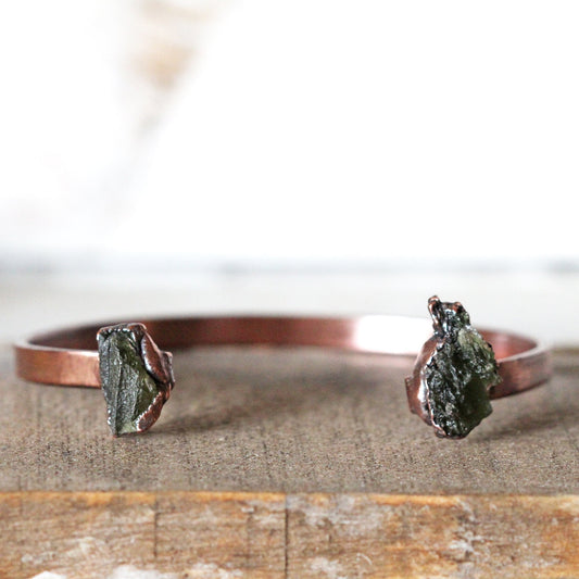 Moldavite Bracelet - Open Cuff - Geekery Gift - Crystal Bracelet - Green Tektite
