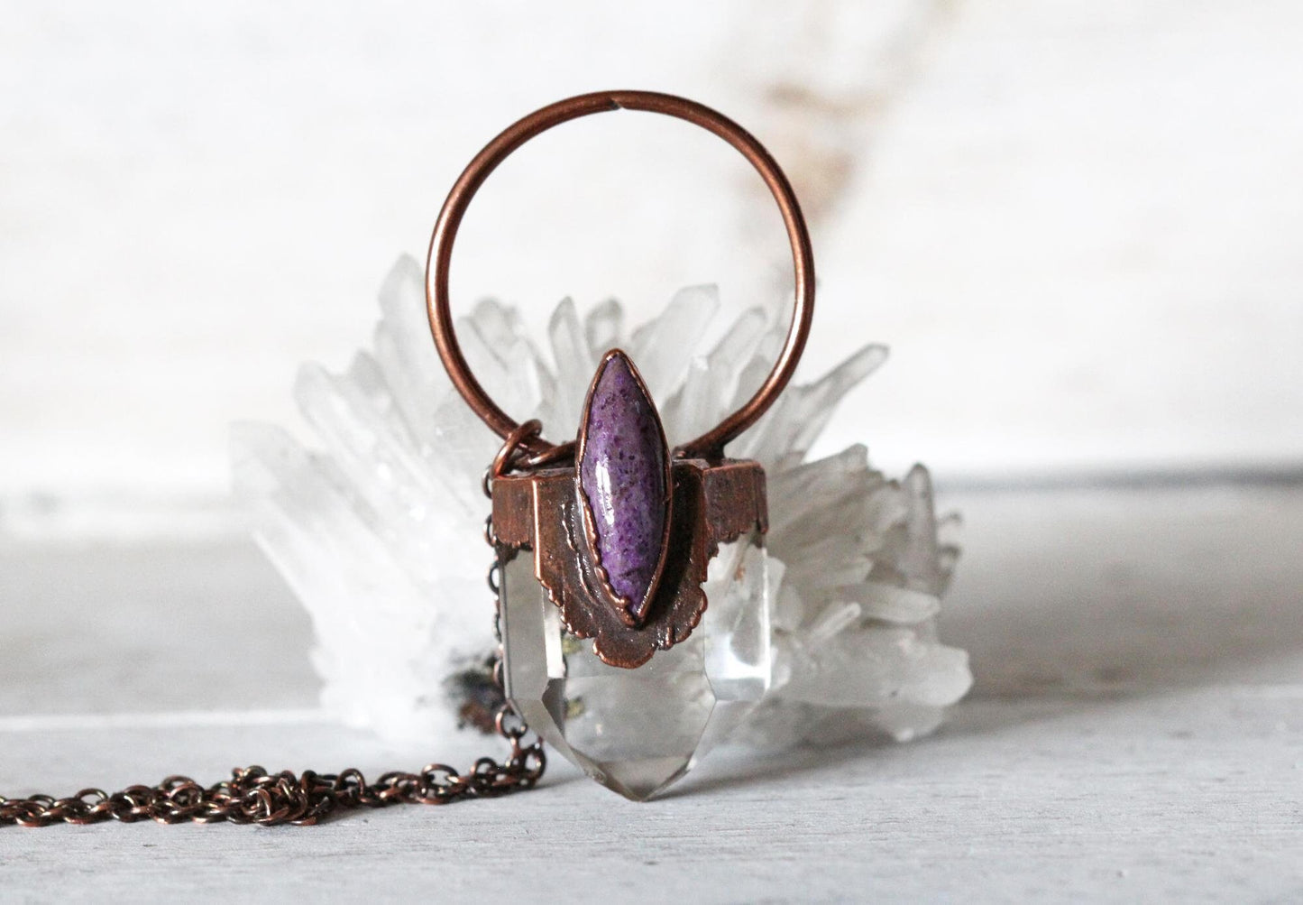 Phantom Quartz Necklace - Charoite Pendant - Electroformed Crystal
