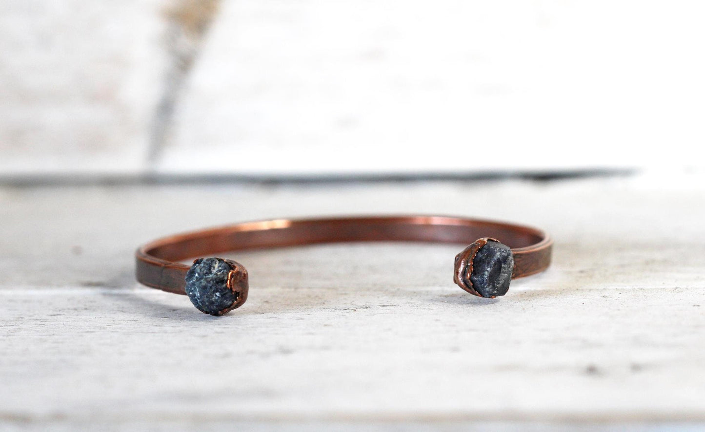 Raw Sapphire Bracelet - September Birthstone - Open Copper Cuff - Raw Crystal Bracelet - Double Stone Bracelet