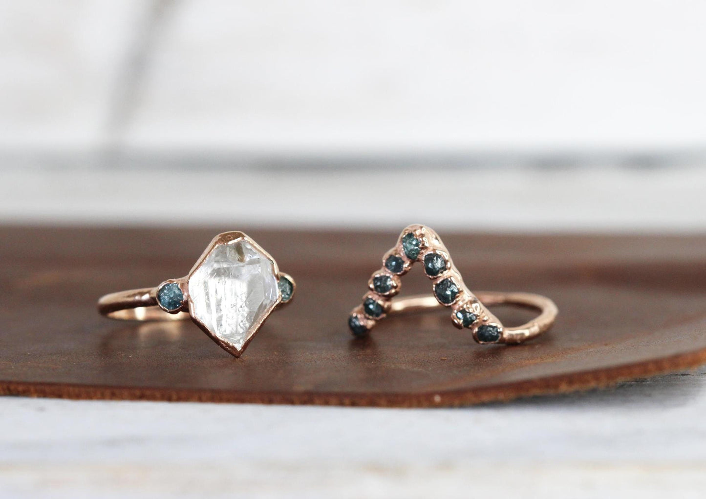 Raw Diamond Wedding Ring Set - Blue Diamond Engagement Ring - Herkimer Wedding Ring - Conflict Free Diamond Wedding Ring