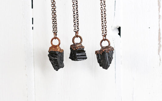 Black Tourmaline Necklace - Electroformed Copper Pendant - Crystal Layering Necklace