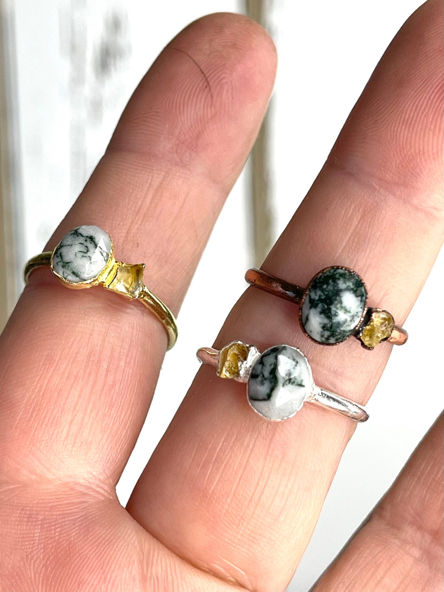 Moss Agate Ring - Double Stone - Raw Citrine