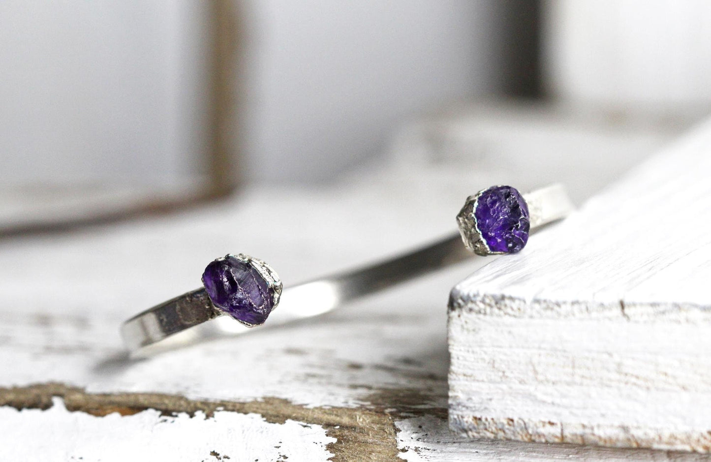 Raw Amethyst Bracelet - February Birthstone - Open Copper Cuff - Raw Crystal Bracelet - Double Stone Bracelet