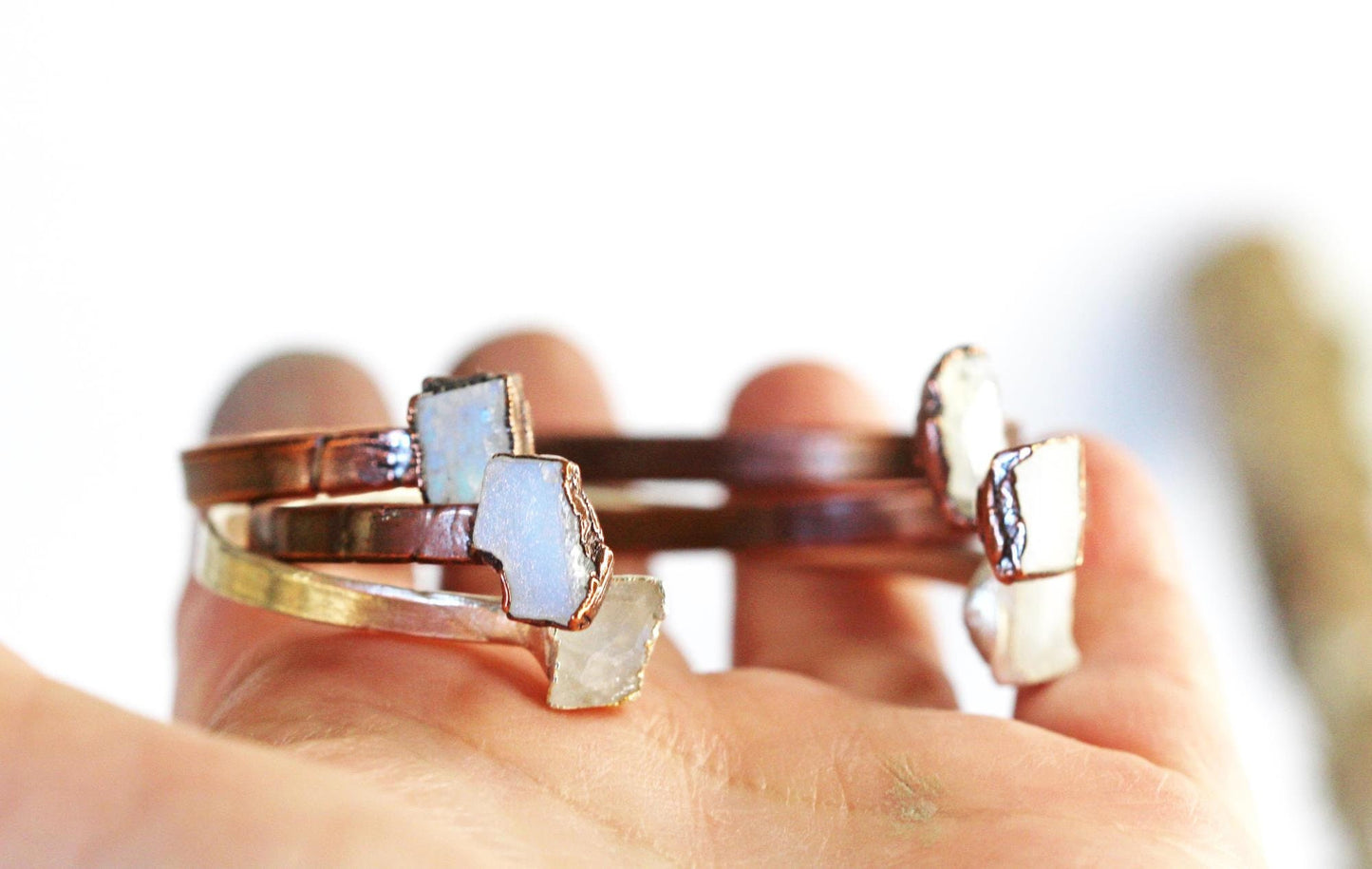 Raw Moonstone Bracelet - June Birthstone - Open Cuff - Raw Crystal Bracelet - Double Stone Bracelet