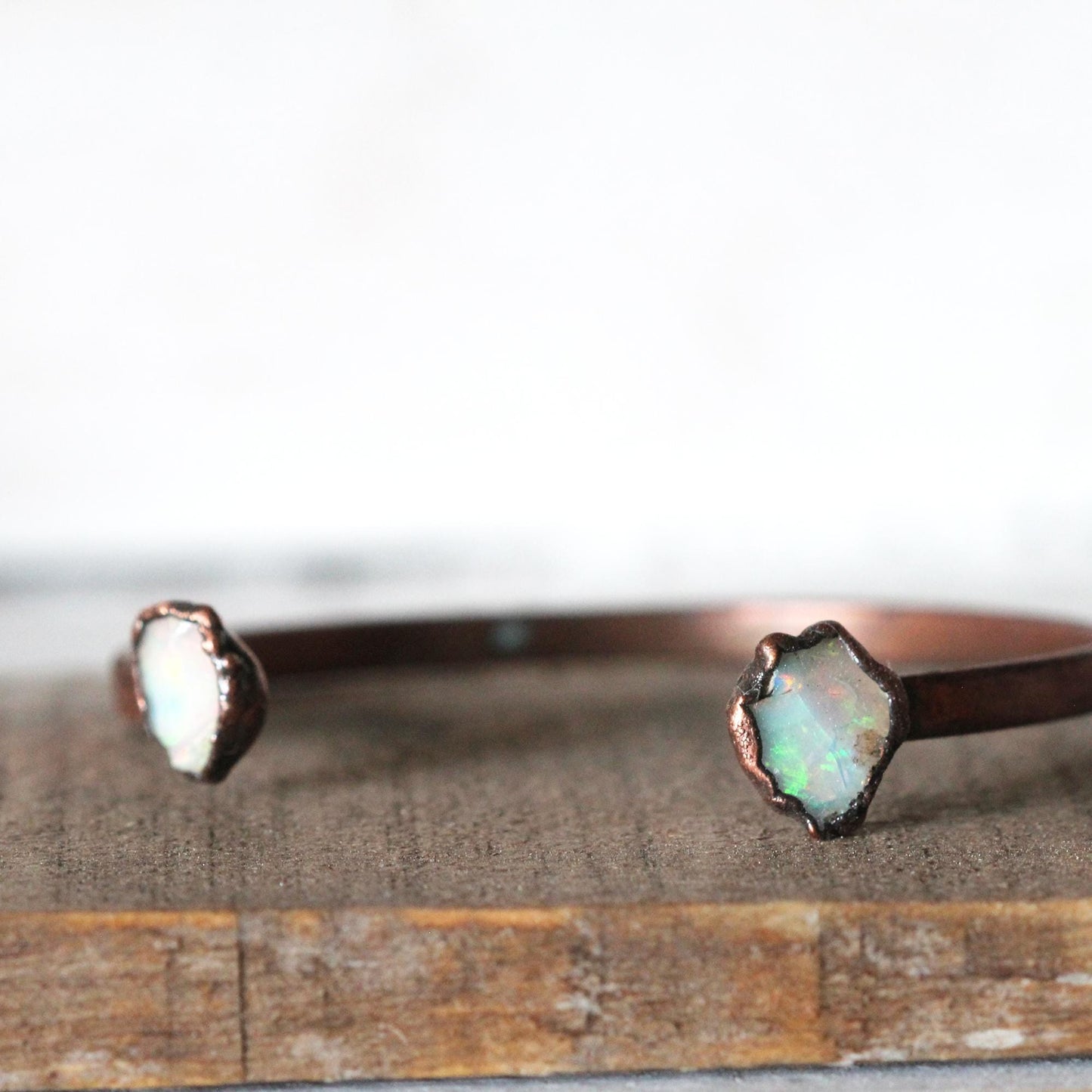 Opal Bracelet - Open Copper Cuff - Ethiopian Opal - Double Stone Bracelet