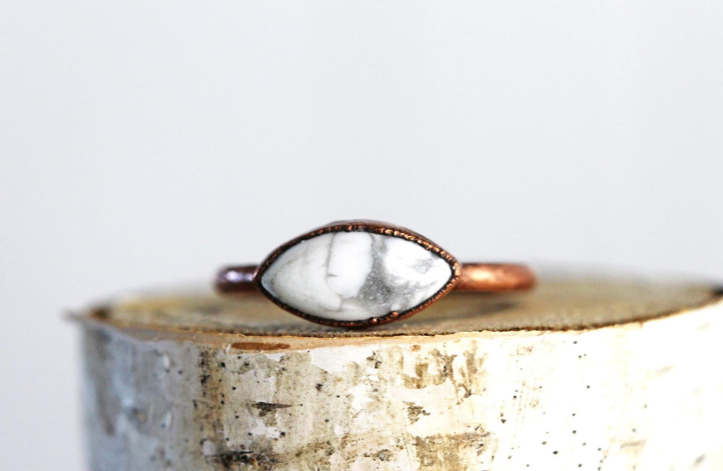 Howlite Ring - Simple Stone Stacker - Marquise Cabochon - Electroformed Stone