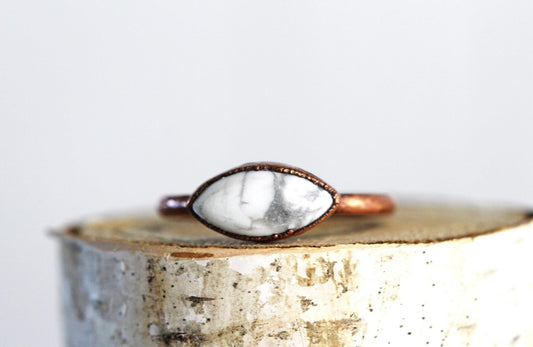 Howlite Ring - Simple Stone Stacker - Marquise Cabochon - Electroformed Stone