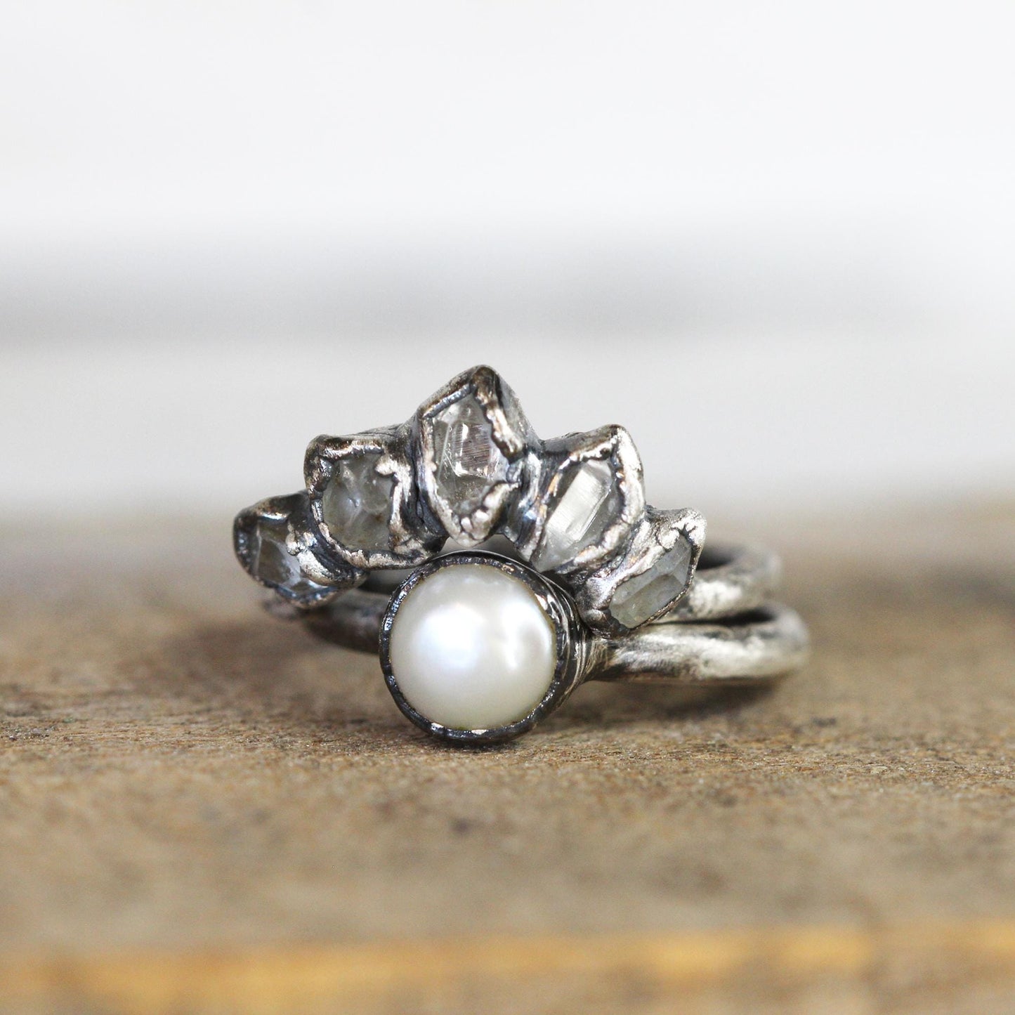 Wedding Ring Set - Pearl Wedding Set - Herkimer Engagement Ring