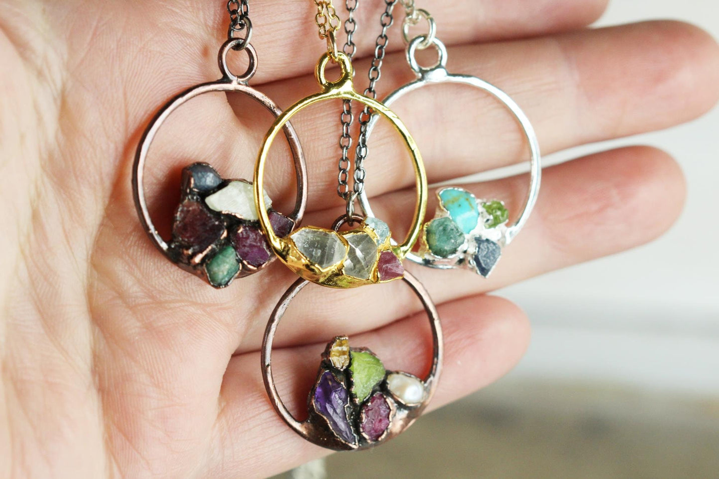 Personalized Mothers Day Necklace - Circle Necklace - Raw Stone Cluster Pendant - Birthstone Necklace
