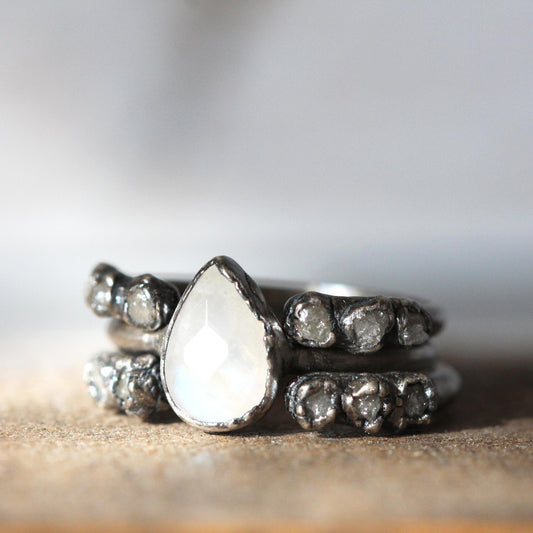 Moonstone Engagement Set - Raw White Diamond Ring - Alternative Wedding Jewelry