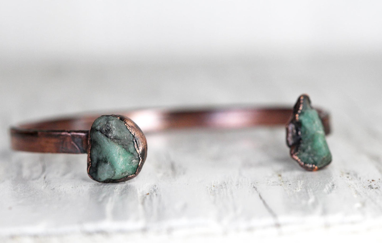 Raw Emerald Bracelet - May Birthstone - Open Copper Cuff - Raw Crystal Bracelet - Double Stone Bracelet