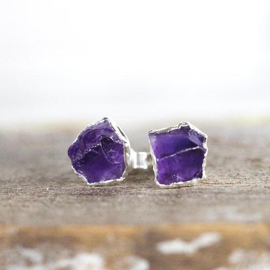 Raw Amethyst Earrings - Crystal Earrings - Sterling Silver Stud Earrings - Amethyst Studs