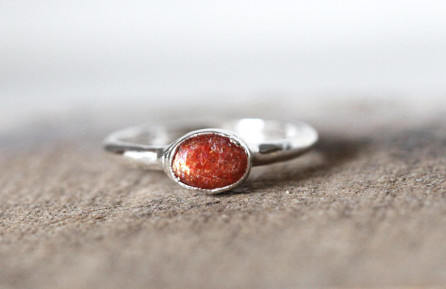 Polished Sunstone Ring - Simple Stacking Ring - Orange Gemstone
