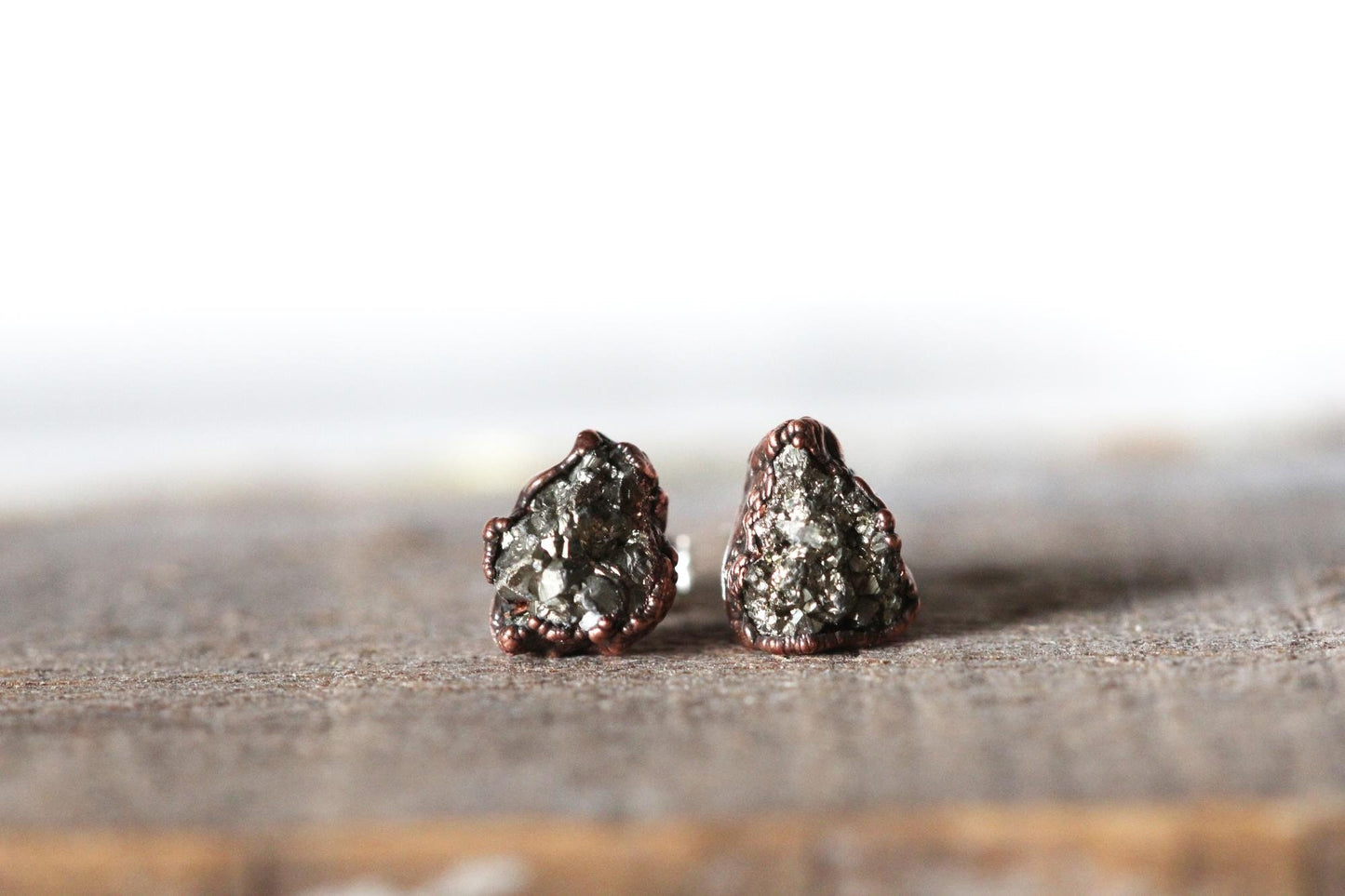 Pyrite Stud Earrings - Raw Stone Posts - Sterling Silver Earrings - Electroformed Fools Gold