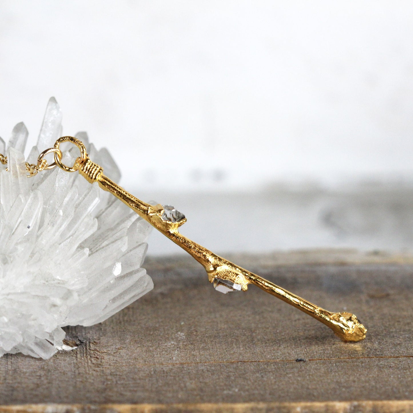 Mini Wand Necklace - Real Branch Necklace - Herkimer Diamond Pendant - Crystal Wand Pendant - Fairy Jewelry - Hedgewitch